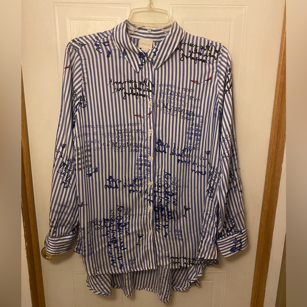 Chico's Blue & White Striped Script-Print Button Shirt